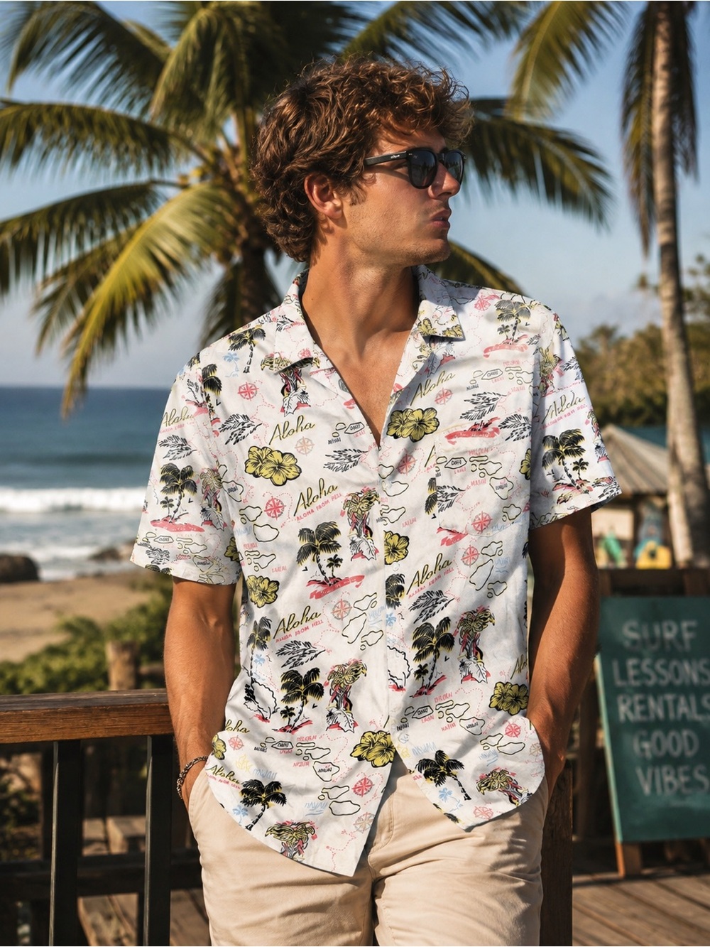 VSTR Premium Men’s Hawaiian Shirt M Aloha Tropical Palm Tree Button Up